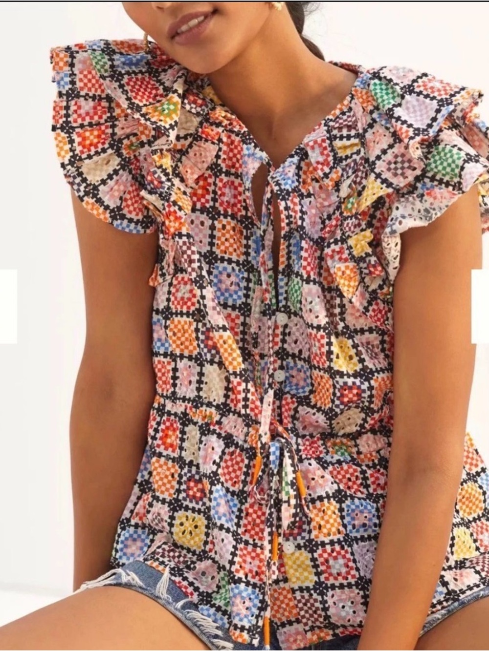 Maeve Multicolor Floral Patchwork Ruffle-Sleeve Blouse